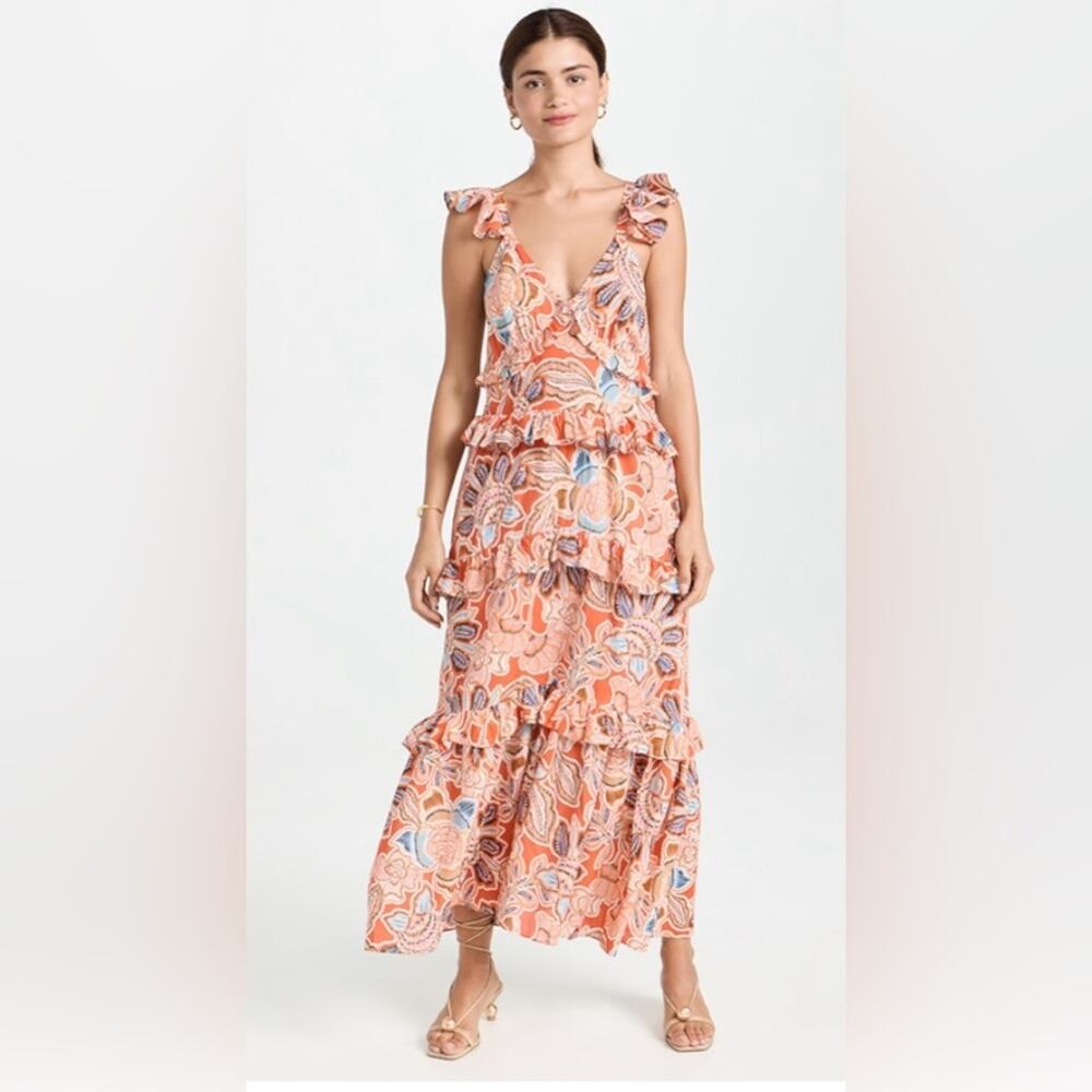 NWT MISA Los Angeles Morrison Tiered Ruffle Cotton Dress tangerine floral M - Picture 3 of 7